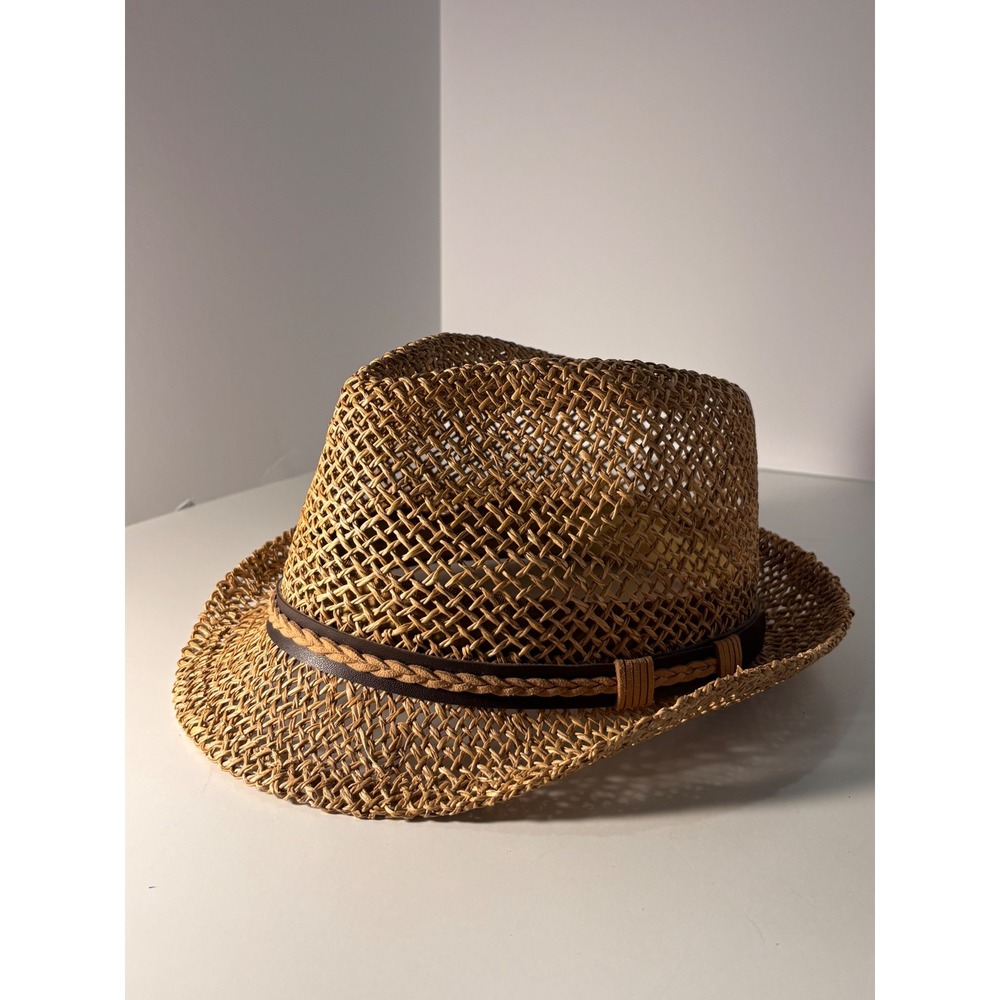 Courageous Tan Woven Straw Fedora Hat with Braided Band Summer Beach Sun Hat